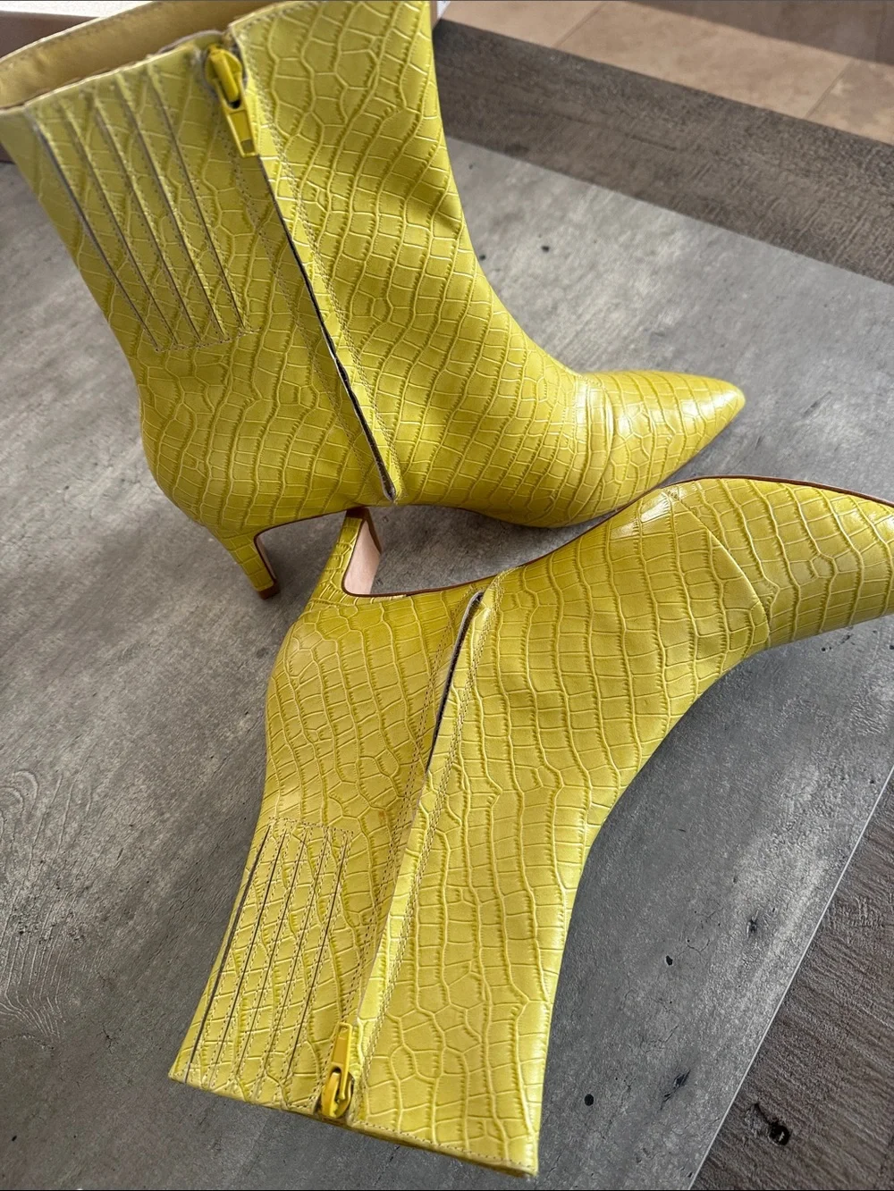 Charlotte Stone Rita Yellow Croc-Embossed Pointed Toe Ankle Booties
